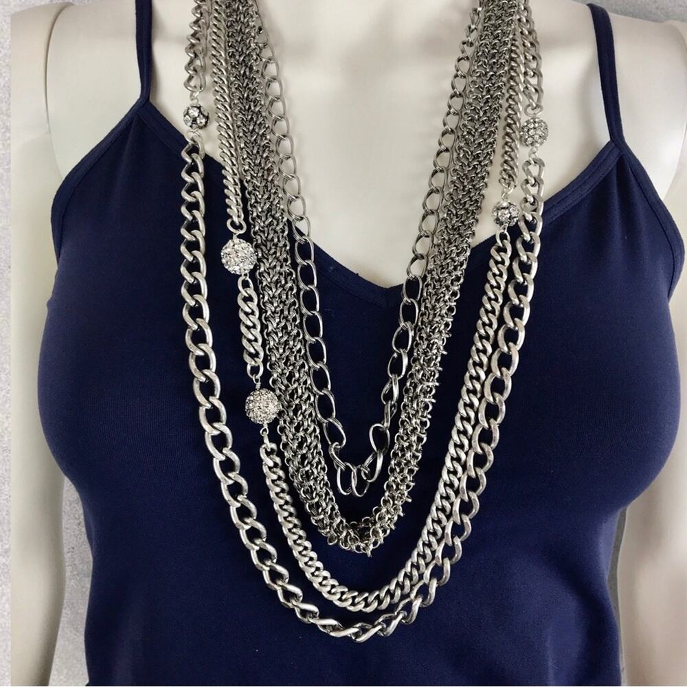 Lee Angel 4 Tier Necklace Silver Tone Chains & Crystal Globe Layered Statement